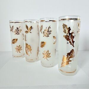 4 Vintage Federal Glass “Starlyte” Highball Glasses Frosted & Gold Leaf AS IS